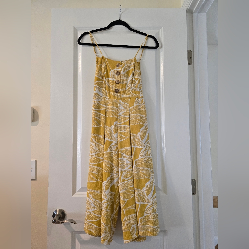 Pink Lily Yellow Leaf-Print Spaghetti-Strap Jumpsuit